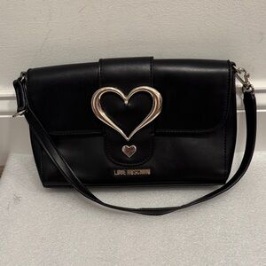 Love Moschino Black shoulder Bag purse with silver Heart Accent